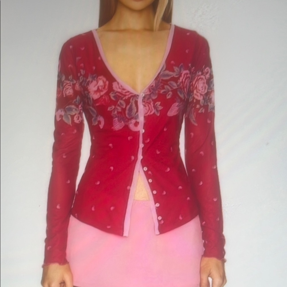 Free People Home Grown Floral Sheer Blouse in Magenta Color Women's Size M